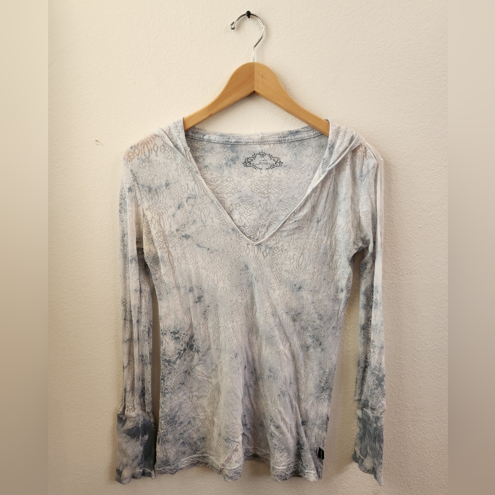 PrAna Long Sleeve Hoodie Lightweight Semi-sheer Shirt Blue White Small